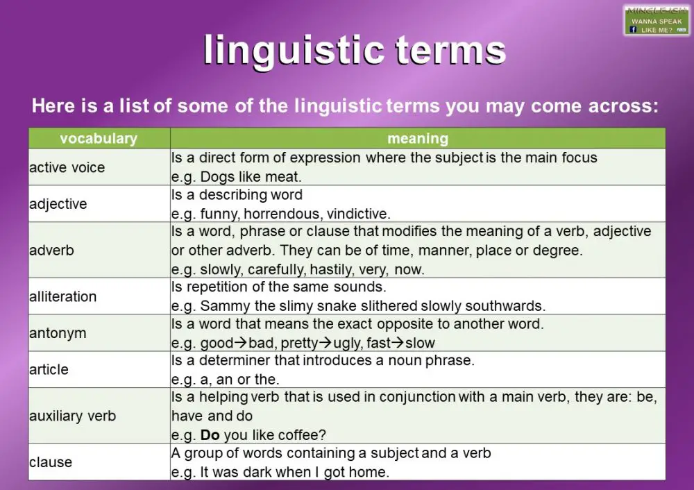 Vocabulary list of linguistic terms - Mingle-ish