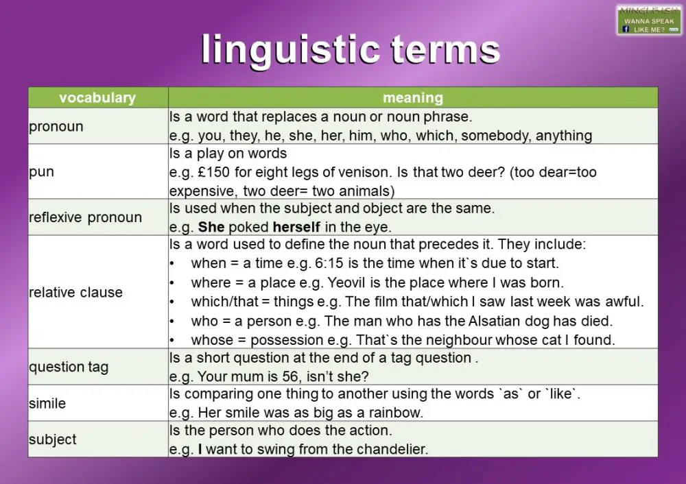 Vocabulary list of linguistic terms Mingleish