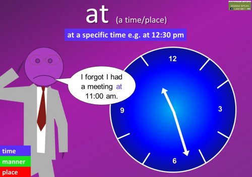 preposition at examples - at a specific time e.g. at 12:30 pm