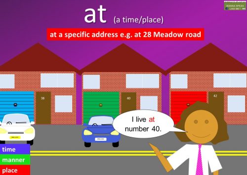 preposition at examples - at a specific address e.g. at 28 Meadow road