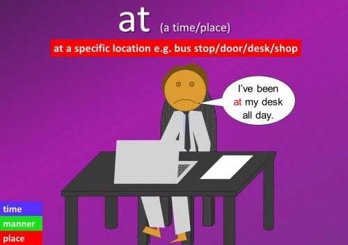 preposition at examples - at a specific location e.g. bus stop/door/desk/shop