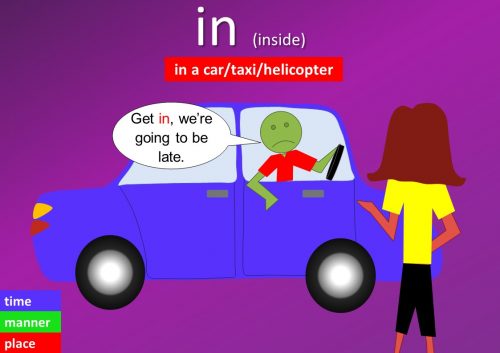 preposition in example - in a car/taxi/helicopter