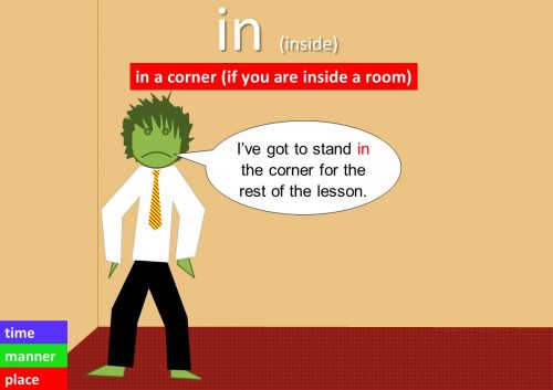 preposition in example - in a corner (if you are inside a room)