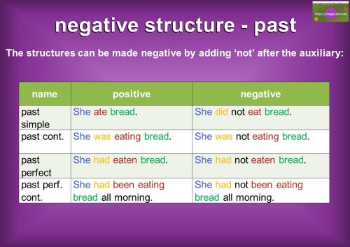 table of negative past tense structure with examples
