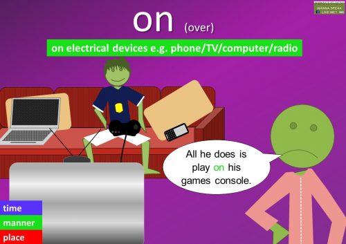 preposition on - on electrical devices e.g. phone/TV/computer/radio