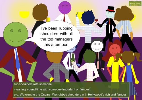 common shoulder idioms and expressions in English - rub shoulders with someone meaning