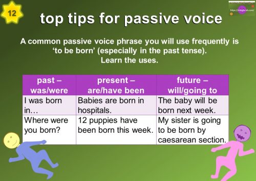 passive voice - A common passive voice phrase you will use frequently is ‘to be born’ (especially in the past tense).