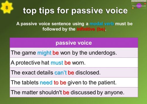 passive voice - The word ‘by’ is used before the subject.