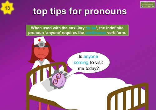 learn pronouns - When used with the auxiliary ‘to be’, the indefinite pronoun ‘anyone’ requires the continuous verb form.