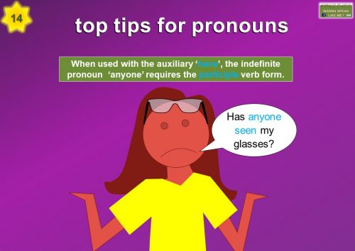 learn pronouns - When used with the auxiliary ‘have’, the indefinite pronoun ‘anyone’ requires the participle verb form.