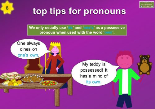 learn pronouns - We only usually use ‘its’ and ‘one’s’ as a possessive pronoun when used with the word ‘own’.