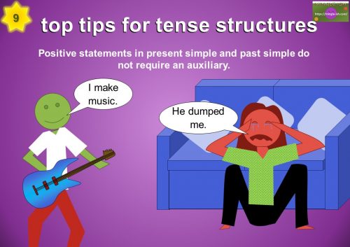 how to learn tenses in English - Tense structure tip 9 - Positive statements in present simple and past simple do not require an auxiliary.