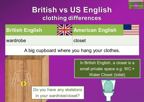 British and American English clothing vocabulary differences - wardrobe/closet