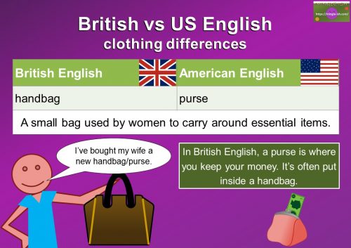 British and American English clothing vocabulary differences - handbag/purse