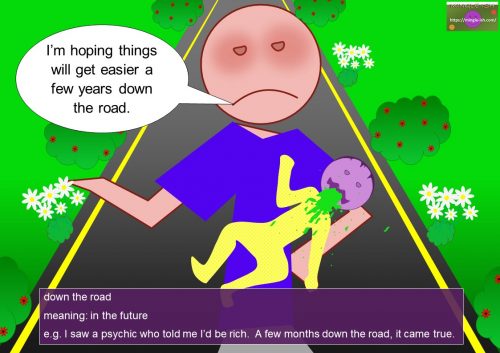 prepositional phrases with DOWN - down the road