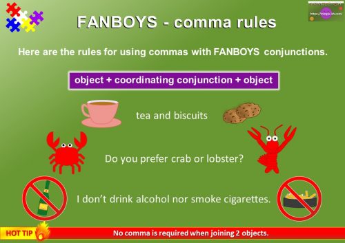 FANBOYS comma rules in grammar - joining two objects