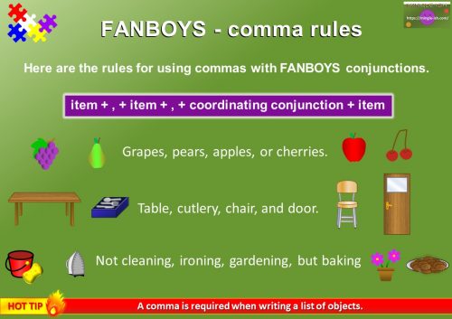 FANBOYS comma rules in grammar - writing a list