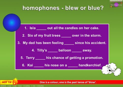 homophones words worksheet ks2 - blew or blue