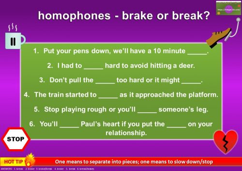 homophones words activity worksheet ks2 - brake or break
