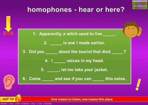 homophones words activity - hear or here