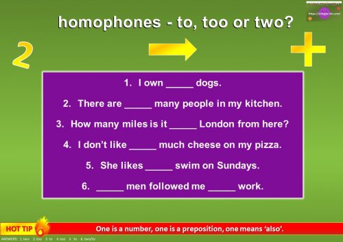 homophones activity - to, too or two