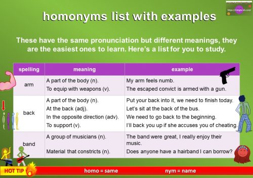 homonyms list with meaning and examples