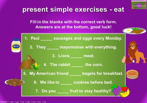 Present simple tense exercises - eat