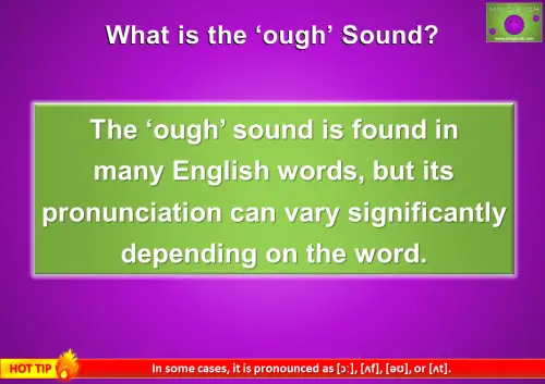 "What is the ‘ough’ Sound?" with the text "The ‘ough’ sound is found in many English words, but its pronunciation can vary significantly depending on the word." displayed in a green box on a purple background.'