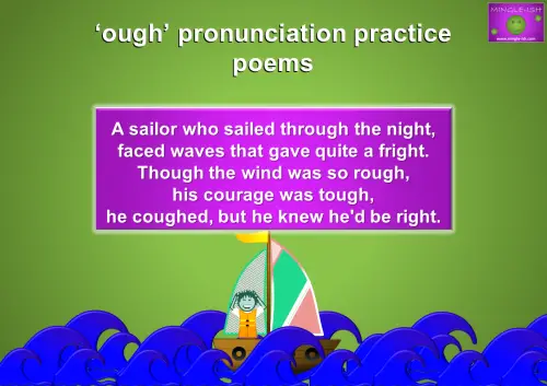 Practice 'OUGH' pronunciation with a sailor poem. Improve English pronunciation by reciting: 'A sailor who sailed through the night, faced waves that gave quite a fright. Though the wind was so rough, his courage was tough, he coughed, but he knew he'd be right.'