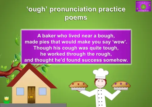 Practice 'OUGH' pronunciation with a baker poem. Improve English pronunciation by reciting: 'A baker who lived near a bough, made pies that would make you say "wow." Though his cough was quite tough, he worked through the rough, and thought he'd found success somehow.'