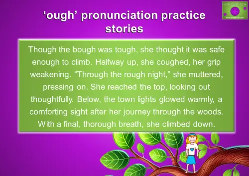 Practice 'OUGH' pronunciation with a story. Improve English pronunciation by reading: 'Though the bough was tough, she thought it was safe enough to climb. Halfway up, she coughed, her grip weakening. “Through the rough night,” she muttered, pressing on. She reached the top, looking out thoughtfully. Below, the town lights glowed warmly, a comforting sight after her journey through the woods. With a final, thorough breath, she climbed down.'