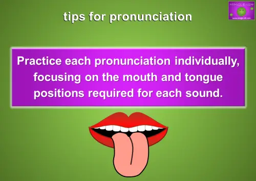 Tips for pronunciation: Practice each pronunciation individually, focusing on the mouth and tongue positions required for each sound, with an illustration of a mouth and tongue.