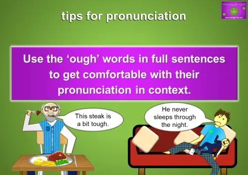Tips for pronunciation: Use the 'ough' words in full sentences to get comfortable with their pronunciation in context. Image shows a person at a table saying 'This steak is a bit tough,' and another person on a couch with a baby saying 'He never sleeps through the night,' illustrating the use of 'ough' words in sentences.