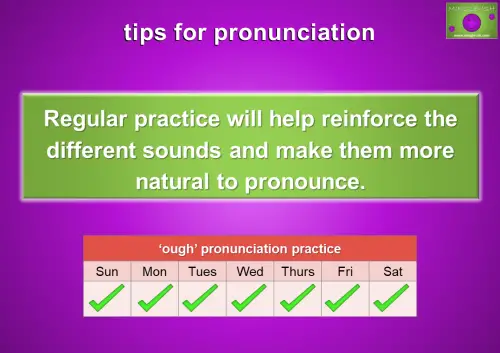 Tips for pronunciation: Regular practice will help reinforce the different sounds and make them more natural to pronounce. Image shows a weekly calendar for 'ough' pronunciation practice with check marks on each day, indicating consistent practice.
