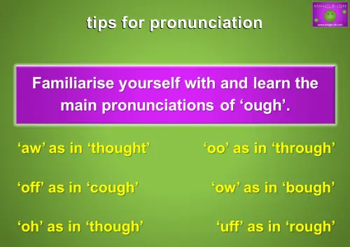 Tips for pronunciation: Familiarise yourself with and learn the main pronunciations of 'ough'. Image shows different pronunciations including 'aw' as in 'thought', 'oo' as in 'through', 'off' as in 'cough', 'ow' as in 'bough', 'oh' as in 'though', and 'uff' as in 'rough'.