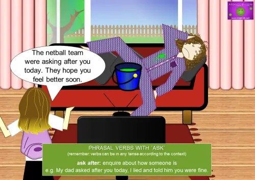 Illustration explaining the phrasal verb 'ask after' with an example conversation about someone's wellbeing.