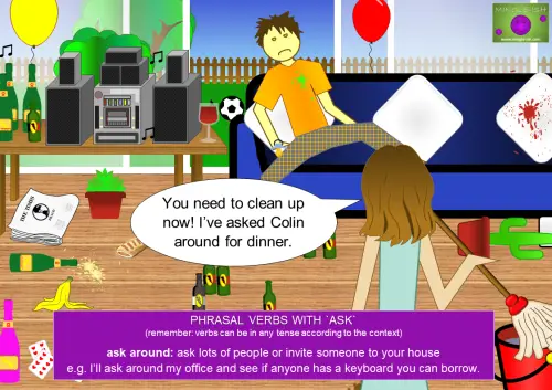 Illustration explaining the phrasal verb 'ask around' with an example conversation about inviting someone to dinner.