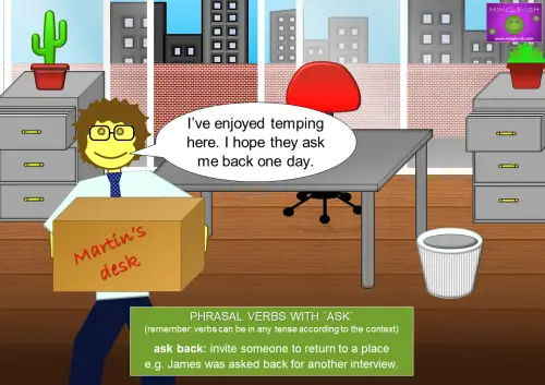 Illustration explaining the phrasal verb 'ask back' with an example conversation about a temporary worker hoping to return.