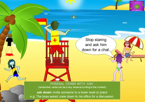 Illustration of a beach scene with a lifeguard being asked down for a chat