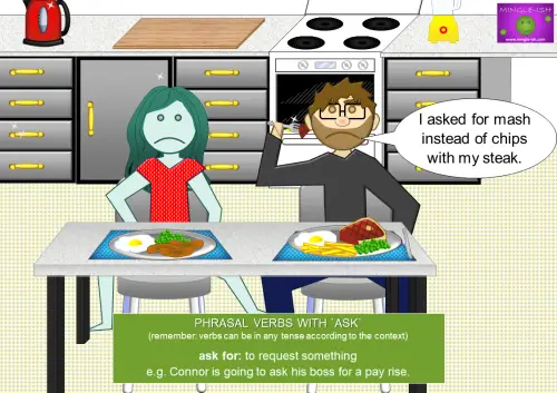 Illustration explaining the phrasal verb 'ask for' with an example conversation about requesting mash instead of chips.