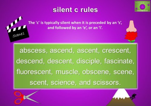 silent C rules - The 'c' is typically silent when it is preceded by an ‘s’, and followed by an ‘e’, or an ‘i’.