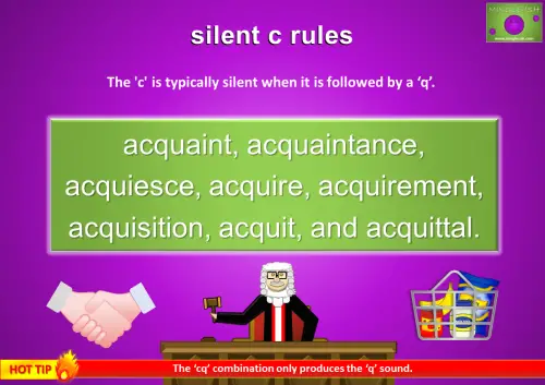 Graphic showing the rule that 'c' is silent when followed by 'q' in words like 'acquaint,' 'acquire,' and 'acquittal