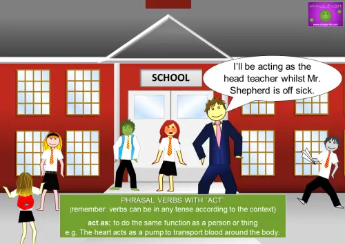 Illustration of a man saying 'I’ll be acting as the head teacher whilst Mr. Shepherd is off sick,' explaining the phrasal verb 'act as' with a school background.