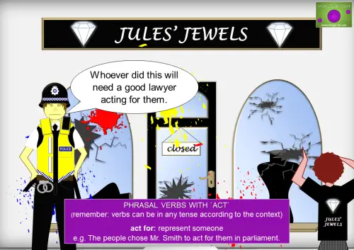 Image of a police officer at a vandalized jewelry store with a speech bubble saying 'Whoever did this will need a good lawyer acting for them,' explaining the phrasal verb 'act for.