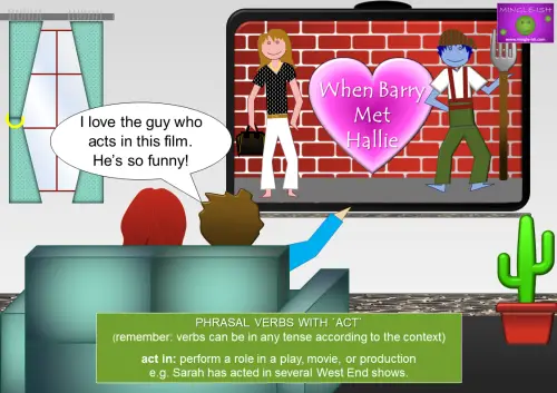 Two people watching a movie with actors performing on screen, illustrating the phrasal verb 'act in' with examples for ESL and language learning.