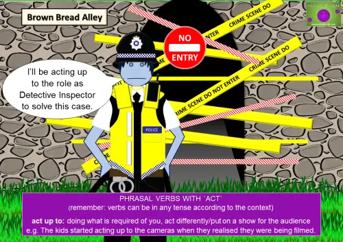 Detective Inspector acting up to his role at a crime scene, illustrating the phrasal verb 'act up to' in the context of responsibility and leadership.