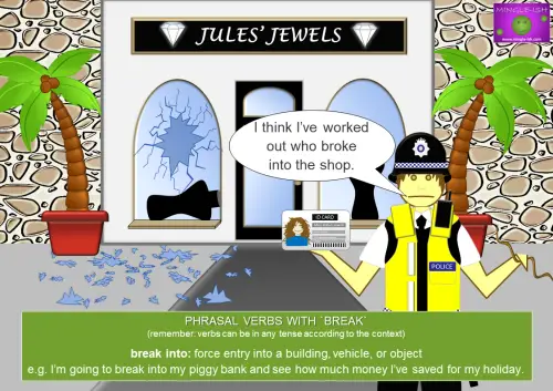 Cartoon of a police officer investigating a broken shop window outside a store named "Jules' Jewels." The scene demonstrates the phrasal verb "break into," with a speech bubble and text explaining the meaning and usage of the phrase in context.