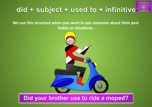 A cartoon character riding a blue moped is featured in this image, accompanied by the sentence "Did your brother use to ride a moped?" The character is smiling, wearing a red helmet and a red and black jacket. The background is green with a gradient effect.