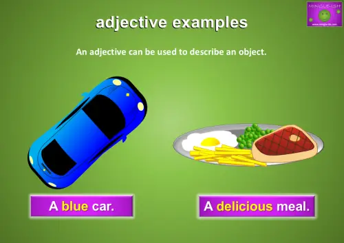 Adjective examples showing a blue car and a delicious meal.