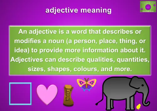 Adjective meaning example with visuals of shapes, colours, and animals.